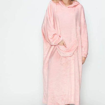 Double Take Full Size Pocketed Hooded Midi Lounge Dress - MimiStylez