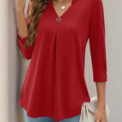 Notched Three-Quarter Sleeve T-Shirt - MimiStylez