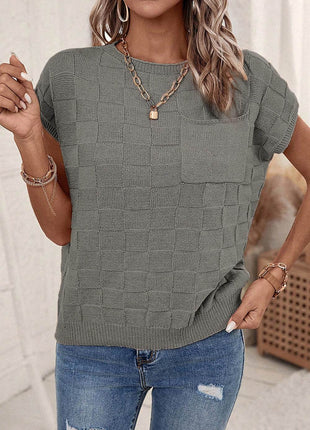 Plaid Pocketed Round Neck Sweater - MimiStylez