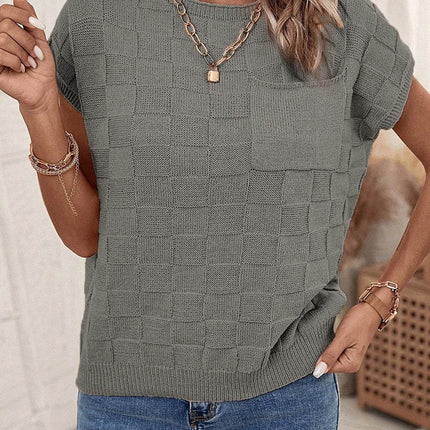 Plaid Pocketed Round Neck Sweater - MimiStylez
