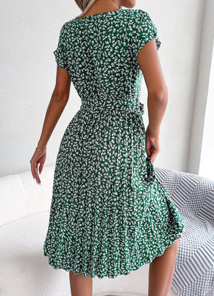 Ditsy Floral Pleated Belted Dress - MimiStylez