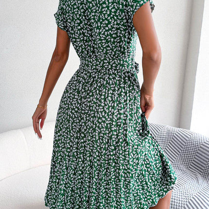 Ditsy Floral Pleated Belted Dress - MimiStylez