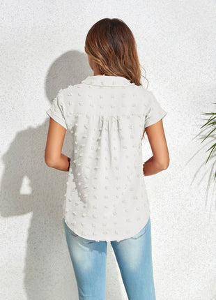 Swiss Dot Button Up Cap Sleeve Shirt - MimiStylez