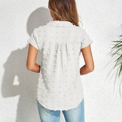 Swiss Dot Button Up Cap Sleeve Shirt - MimiStylez