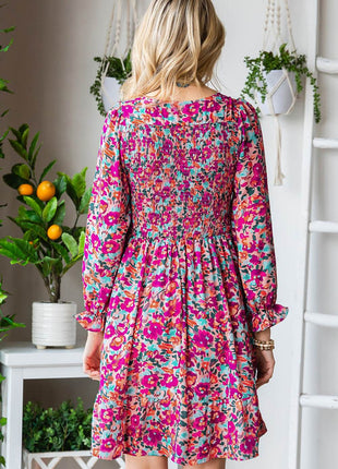 Floral Smocked V-Neck Flounce Sleeve Dress - MimiStylez