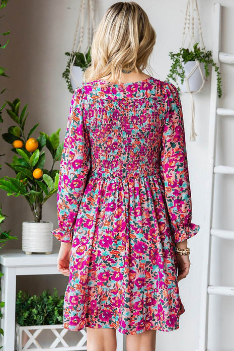 Floral Smocked V-Neck Flounce Sleeve Dress - MimiStylez