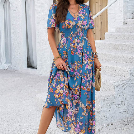Smocked Floral V-Neck Short Sleeve Dress - MimiStylez