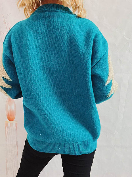 Sequin Christmas Tree & Reindeer Round Neck Sweater - MimiStylez