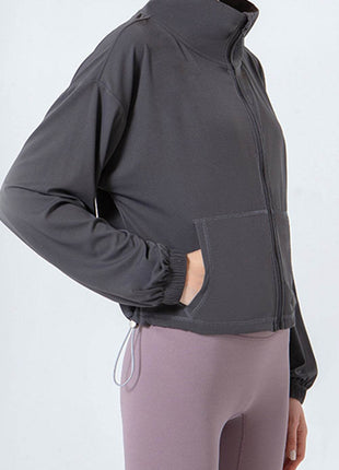 Drawstring Zip Up Dropped Shoulder Active Outerwear - MimiStylez