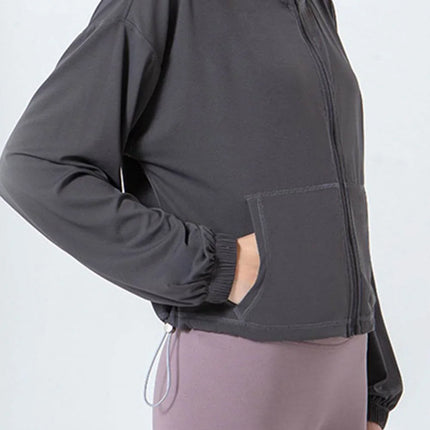Drawstring Zip Up Dropped Shoulder Active Outerwear - MimiStylez