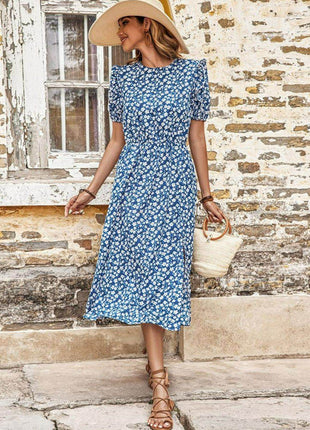 Floral Round Neck Split Midi Dress - MimiStylez