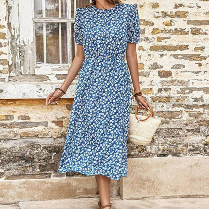 Floral Round Neck Split Midi Dress - MimiStylez