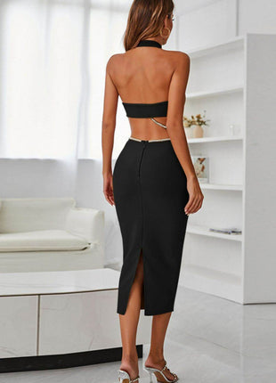 Rhinestone Halter Neck Cutout Slit Midi Dress - MimiStylez