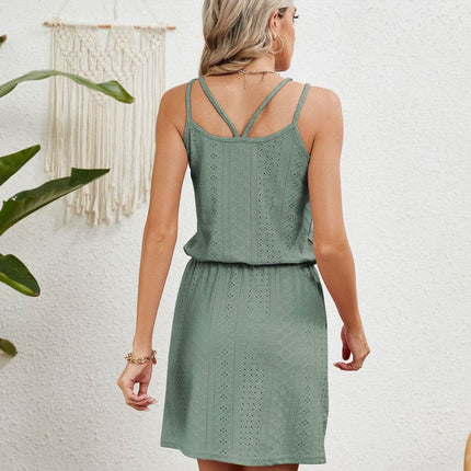 Eyelet Scoop Neck Sleeveless Dress - MimiStylez