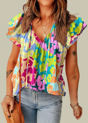 Ruffled Printed Tie Neck Cap Sleeve Blouse - MimiStylez