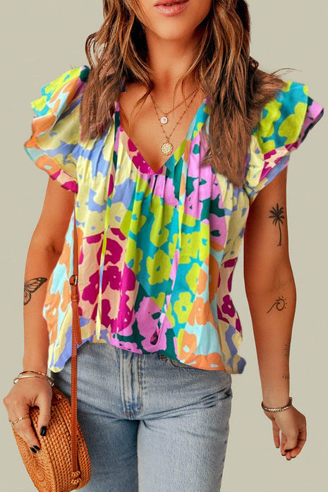 Ruffled Printed Tie Neck Cap Sleeve Blouse - MimiStylez