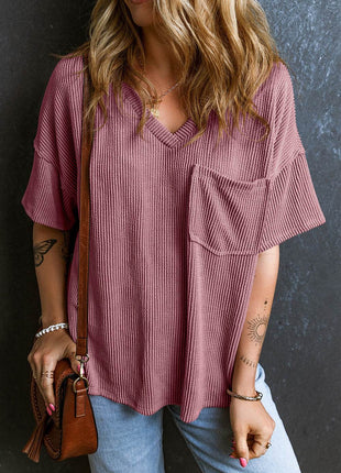 Textured V-Neck Dropped Shoulder T-Shirt - MimiStylez