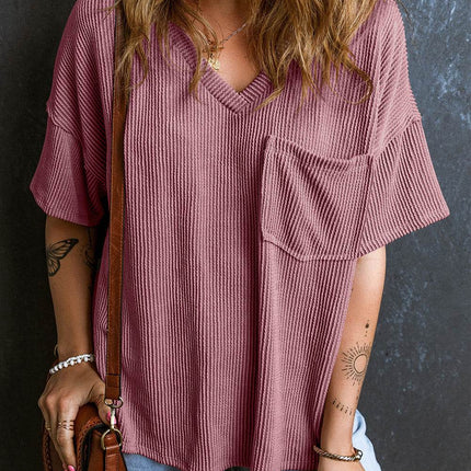 Textured V-Neck Dropped Shoulder T-Shirt - MimiStylez
