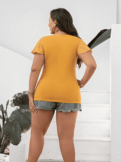 Plus Size Round Neck Blouse with Tie - MimiStylez