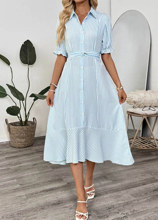 Striped Button-Down Midi Shirt Dress with Ruffle Sleeves - MimiStylez