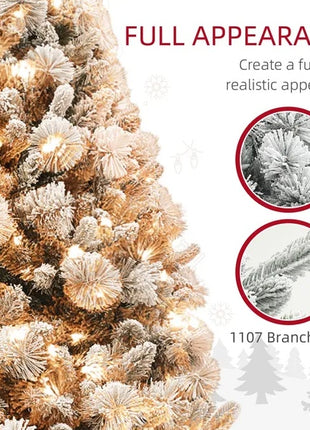 6.5 Ft Pre-Lit Flocked Christmas Tree With 350 Clear Lights And 1107 Tips, With Metal Stand, Hinged Xmas Tree