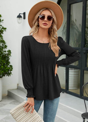 Smocked Round Neck Lantern Sleeve Blouse - MimiStylez