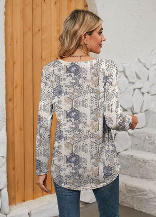 Printed Square Neck Long Sleeve Blouse - MimiStylez