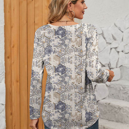 Printed Square Neck Long Sleeve Blouse - MimiStylez