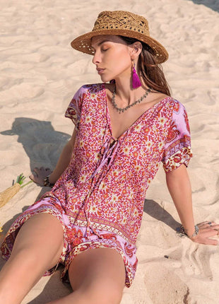 Printed V-Neck Short Sleeve Romper - MimiStylez