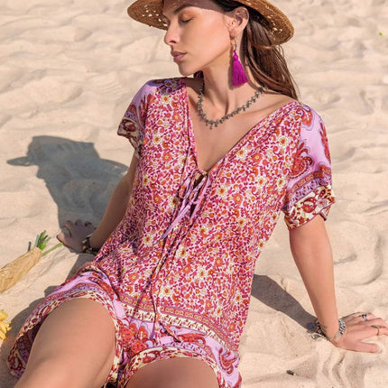 Printed V-Neck Short Sleeve Romper - MimiStylez