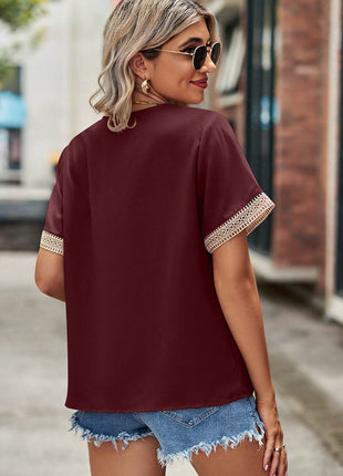 Openwork V-Neck Short Sleeve T-Shirt - MimiStylez