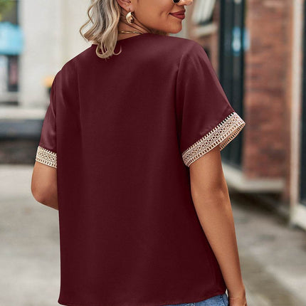 Openwork V-Neck Short Sleeve T-Shirt - MimiStylez