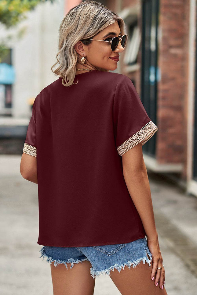 Openwork V-Neck Short Sleeve T-Shirt - MimiStylez