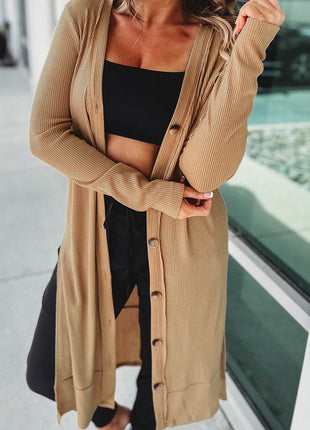 Button Up High-Low Long Sleeve Slit Cardigan - MimiStylez