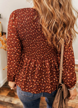 Floral Smocked Ruffle Hem Long Sleeve Blouse - MimiStylez