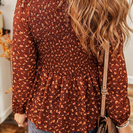 Floral Smocked Ruffle Hem Long Sleeve Blouse - MimiStylez