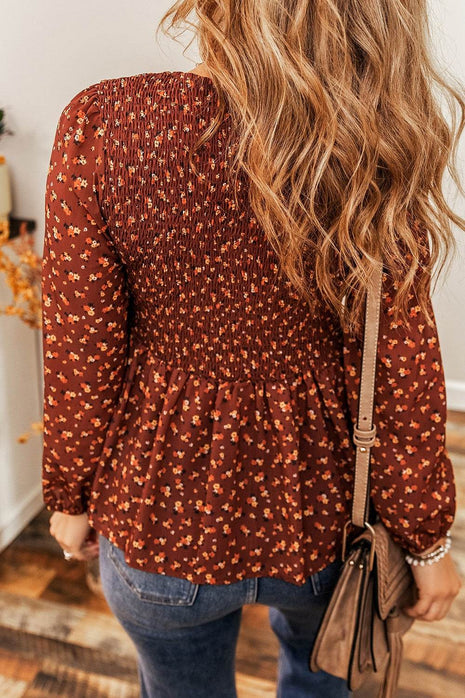 Floral Smocked Ruffle Hem Long Sleeve Blouse - MimiStylez