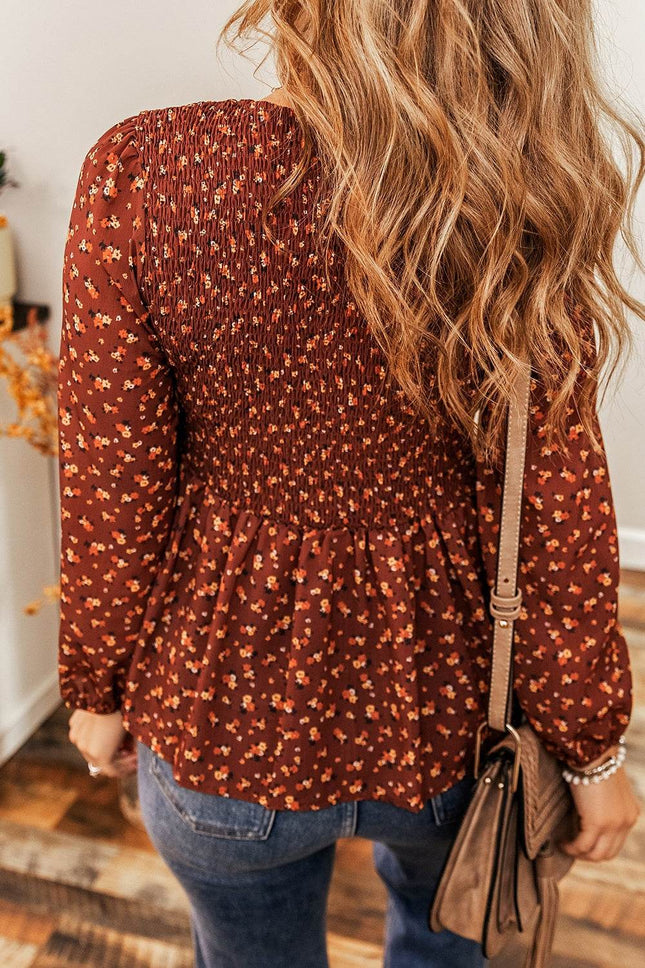Floral Smocked Ruffle Hem Long Sleeve Blouse - MimiStylez
