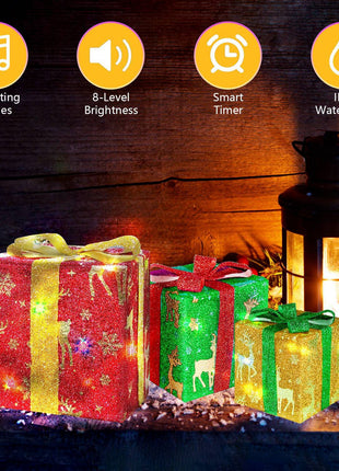 Star-Deer Pattern Options -- Set Of 3 Christmas Lighted Gift Boxes Xmas Present Ornament 50 LED Christmas Box Decorations With Ribbon Bows IP44 Waterproof Battery Powered For Indoor Outdoor Decor