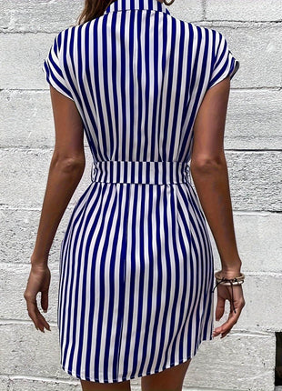 Tied Striped Cap Sleeve Mini Dress - MimiStylez