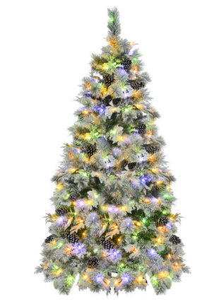 6FT Pre-Lit Spruce Snow Flocked Christmas Tree With Pine Cones, 250 Multi-Color LED Lights, 11 Flashing Modes