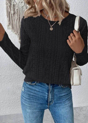 Eyelet Round Neck Long Sleeve Blouse - MimiStylez
