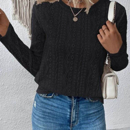Eyelet Round Neck Long Sleeve Blouse - MimiStylez