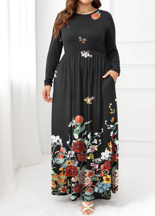 Plus Size Round Neck Maxi Dress with Pockets - MimiStylez