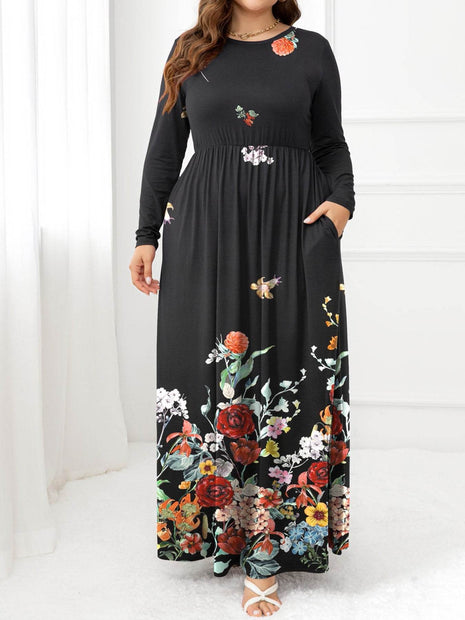 Plus Size Round Neck Maxi Dress with Pockets - MimiStylez