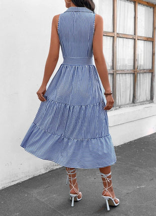 Striped Johnny Collar Sleeveless Midi Dress - MimiStylez
