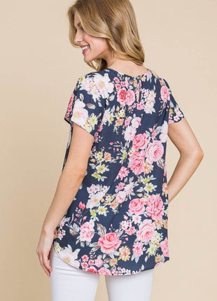 BOMBOM Floral Round Neck Short Sleeve T-Shirt - MimiStylez