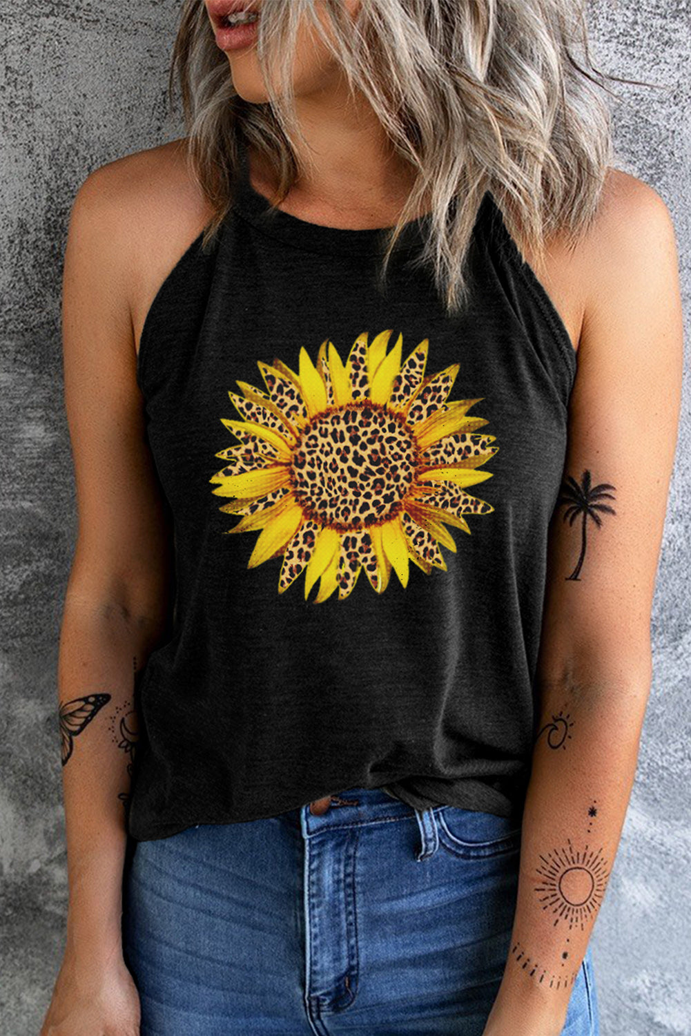 Camiseta sin mangas con cuello redondo y gráfico de girasol