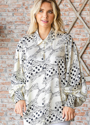 First Love Tiger Print Collared Neck Long Sleeve Satin Shirt - MimiStylez