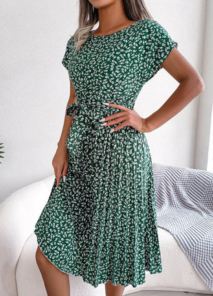 Ditsy Floral Pleated Belted Dress - MimiStylez